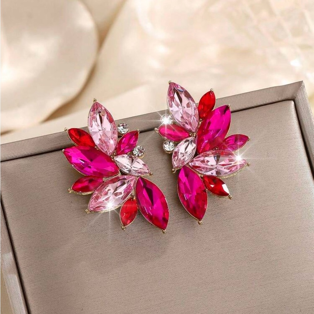 Pink & Red Crystal Leaf Cluster Earrings